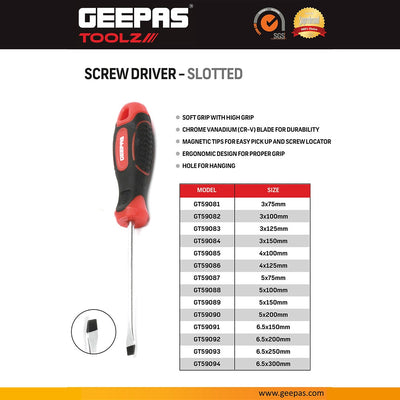 Geepas GT59094 6.5 x 300mm Slotted Screwdriver | Chrome Vanadium Steel Heavy-Duty Flat Head Screwdriver | Premium chrome vanadium steel |Anti-slip textured grip