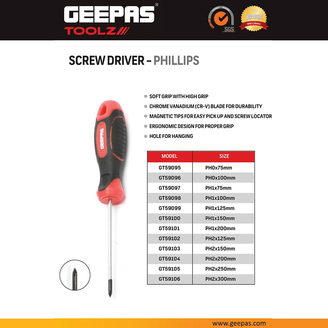 Geepas GT59102 Phillips Screwdriver PH2x125mm | Magnetic CR-V Steel Blade | Soft Grip Ergonomic Handle | Precision Tip | Perfect for Professional Repairs & DIY Tasks