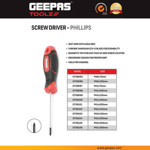 Geepas GT59102 Phillips Screwdriver PH2x125mm | Magnetic CR-V Steel Blade | Soft Grip Ergonomic Handle | Precision Tip | Perfect for Professional Repairs & DIY Tasks