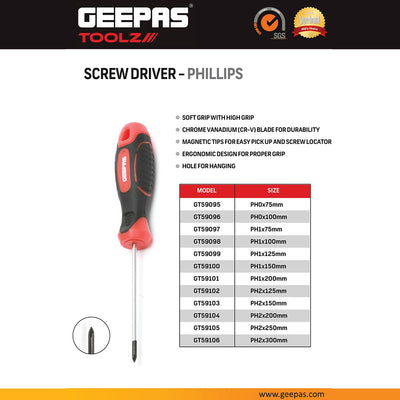 Geepas GT59102 Phillips Screwdriver PH2x125mm | Magnetic CR-V Steel Blade | Soft Grip Ergonomic Handle | Precision Tip | Perfect for Professional Repairs & DIY Tasks