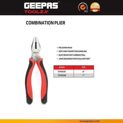 Geepas GT59107 Combination Plier 6 Inch | Carbon Steel Multipurpose Pliers | High-Quality Carbon Steel Construction | Multipurpose Functionality | Rust-Resistant Design