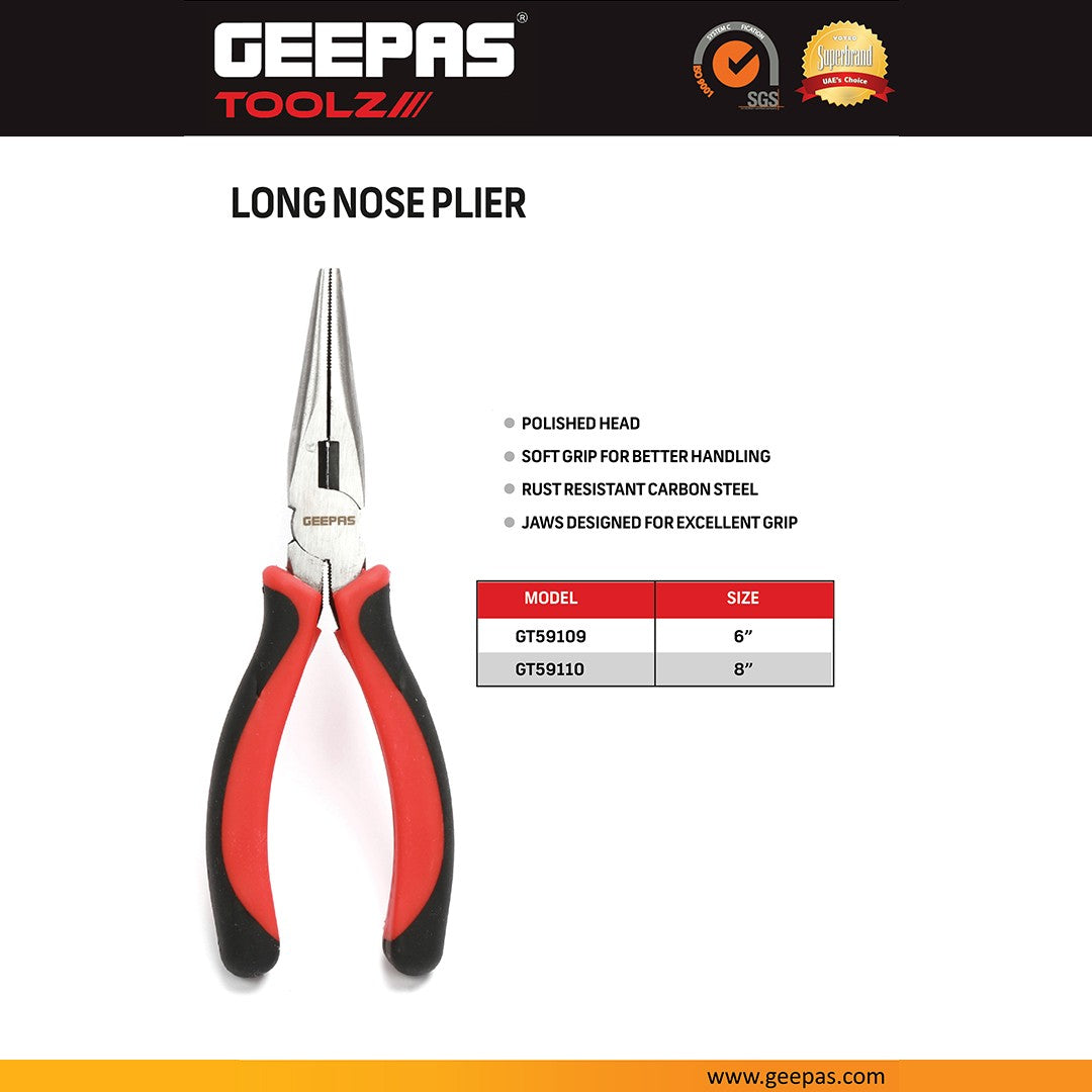 Geepas GT59109 6-Inch Long Nose Plier | Carbon Steel Precision Grip Tool with Polished Head |  Soft-Grip Handle |  Rust-Resistant Finish for Wiring, Bending & Repairs