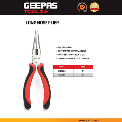 Geepas GT59109 6-Inch Long Nose Plier | Carbon Steel Precision Grip Tool with Polished Head |  Soft-Grip Handle |  Rust-Resistant Finish for Wiring, Bending & Repairs