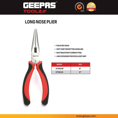 Geepas GT59110 8-Inch Long Nose Plier |Carbon Steel Precision Pliers |Precision-machined jaws |Polished head | Ergonomic soft-grip handles | Ideal for electrical repairs