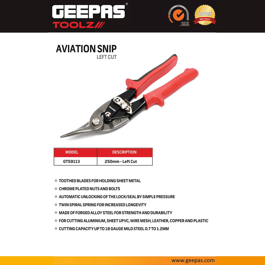 Geepas GT59113 Aviation Snip Left Cut 250mm | Forged Alloy Steel Metal Cutting Shears | Ergonomic anti-slip handles | Toothed blade edges |  Heavy-duty compound action
