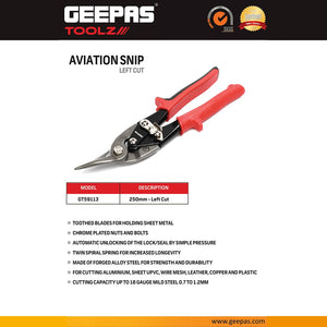 Geepas GT59113 Aviation Snip Left Cut 250mm | Forged Alloy Steel Metal Cutting Shears | Ergonomic anti-slip handles | Toothed blade edges |  Heavy-duty compound action