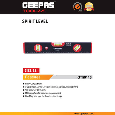 Geepas GT59115 Spirit Level 12 Inch | Heavy Duty Aluminum Frame with 3 Vials | Heavy-duty hardened steel construction | Adjustable locking mechanism | Quick-release lever