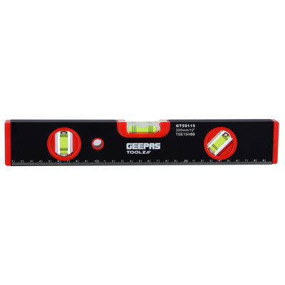 Geepas GT59115 Spirit Level 12 Inch | Heavy Duty Aluminum Frame with 3 Vials | Heavy-duty hardened steel construction | Adjustable locking mechanism | Quick-release lever