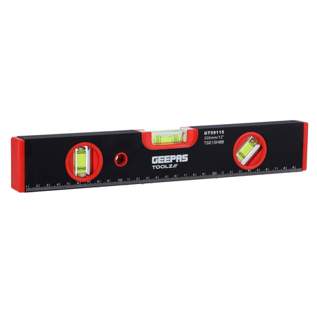 Geepas GT59115 Spirit Level 12 Inch | Heavy Duty Aluminum Frame with 3 Vials | Heavy-duty hardened steel construction | Adjustable locking mechanism | Quick-release lever