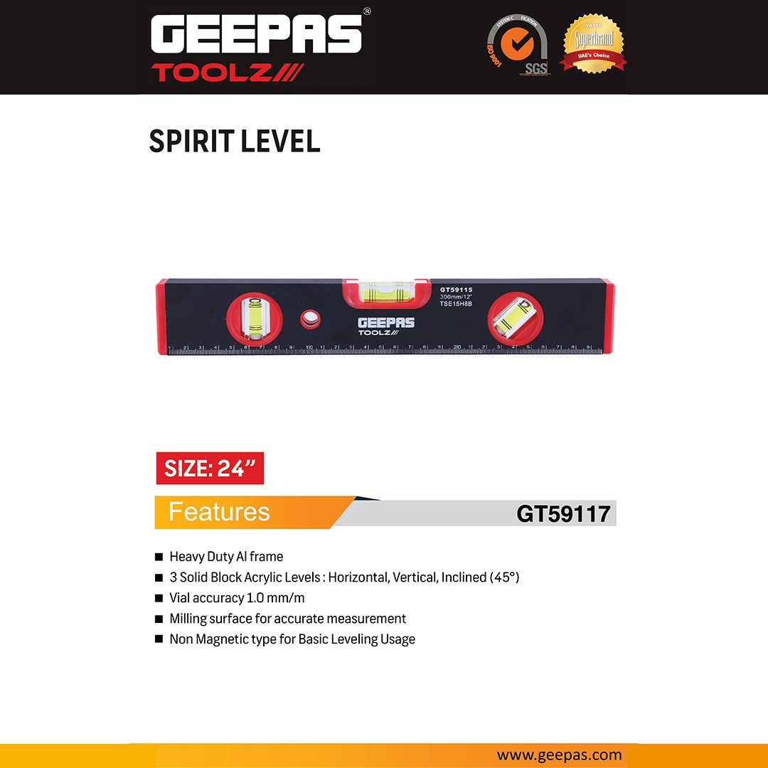 Geepas GT59117 Spirit Level 24 Inch | Heavy Duty Aluminium Frame Level Tool | Heavy-Duty Aluminium Frame | 3 Solid Acrylic Vials | Milled Measuring Surface |Non-Magnetic