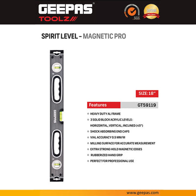 Geepas Spirit Level Magnetic Pro 18 Inch GT59119 | Heavy Duty Aluminum Level with Magnetic Edge | Three solid acrylic vials | Precision-machined milling surface