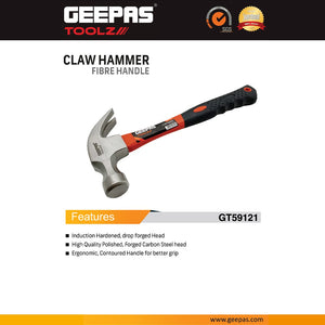 Geepas GT59121 Claw Hammer with Fibre Handle | Drop Forged Carbon Steel Hammer with Ergonomic Non-Slip Grip | Perfect for Carpentry, Construction & General Repairs