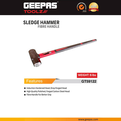 Geepas GT59122 Sledge Hammer Fibre Handle Carbon Steel Head | Drop Forged Head | Long Handle | Ideal for Carpenters, Site Workers & DIYers