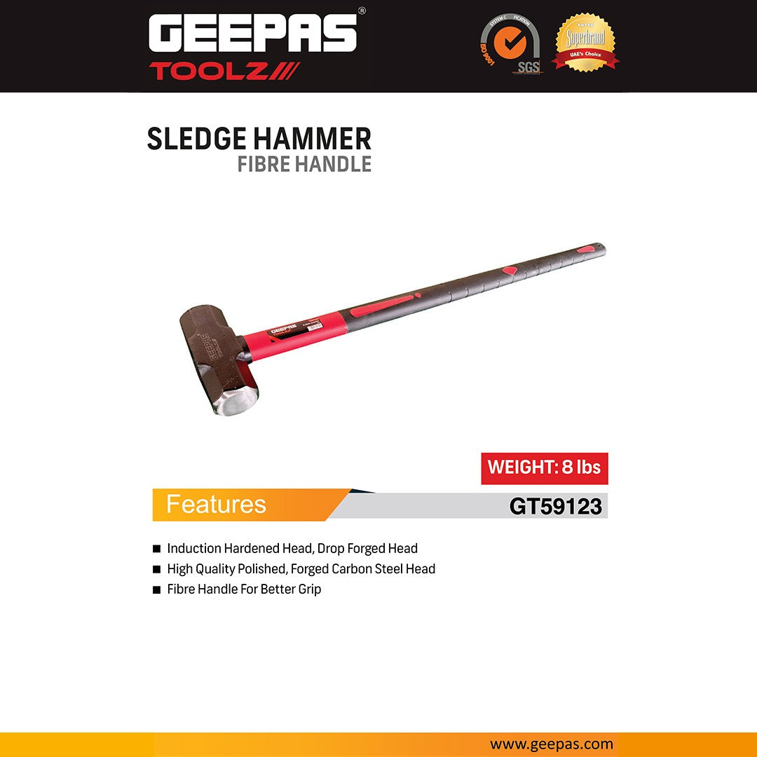Geepas GT59123 Sledge Hammer | Fibre Handle | Carbon Steel Drop Forged Head | Long Handle | Ideal for Carpenters, Site Workers & DIYers