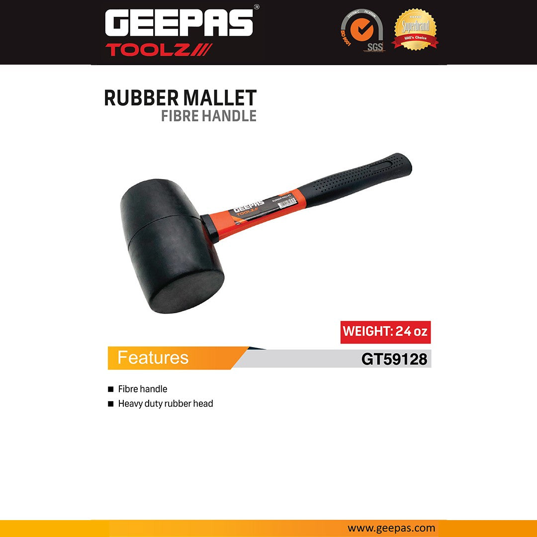 Geepas GT59128 Rubber Mallet 24oz with Fibre Handle | Heavy Duty Non-Marring Hammer | Non-marring rubber head | Strong fibre handle | Comfortable grip design | Durable