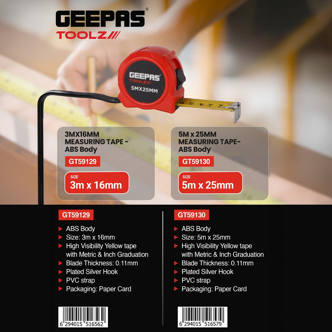 Geepas GT59129 Measuring Tape | 3m x 16mm | ABS Body with Metric & Inch Graduation | High Visibility Blade | Lightweight | Perfect for Construction, DIY & Workshop Use