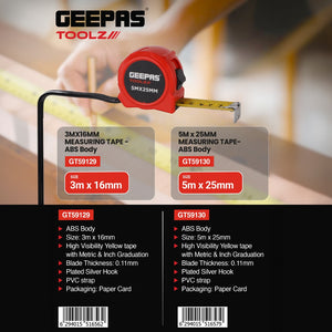 Geepas GT59129 Measuring Tape | 3m x 16mm | ABS Body with Metric & Inch Graduation | High Visibility Blade | Lightweight | Perfect for Construction, DIY & Workshop Use
