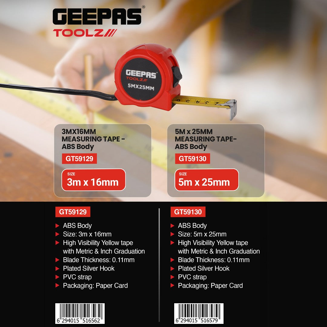 Geepas GT59130 Measuring Tape 5M x 25MM | Dual measurement markings  Metric & Inch Graduation | Durable ABS body | Smooth tape extension and retraction mechanism