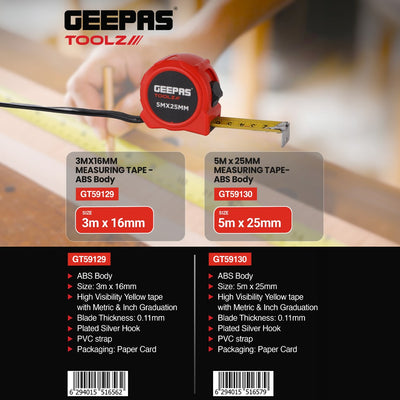 Geepas GT59130 Measuring Tape 5M x 25MM | Dual measurement markings  Metric & Inch Graduation | Durable ABS body | Smooth tape extension and retraction mechanism