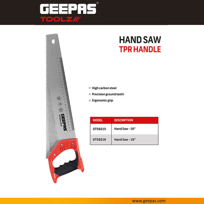 Geepas GT59215 16-Inch Hand Saw with TPR Handle | High Carbon Steel Wood Cutting Saw | Precision Ground Teeth|  Non-Slip Grip for Carpentry, Woodworking & DIY Projects