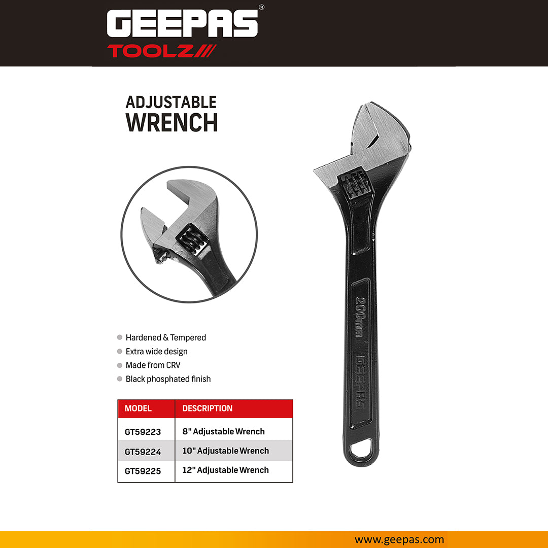 Geepas GT59223 8-Inch Adjustable Wrench |Heavy-Duty CR-V Adjustable Spanner |Black Phosphated Finish | Strong Grip Performance |Multipurpose Utility Tool | Compact Design