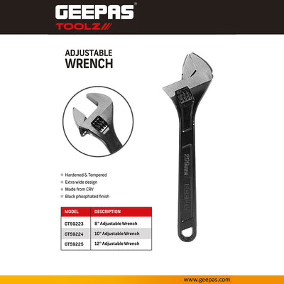 Geepas GT59223 8-Inch Adjustable Wrench |Heavy-Duty CR-V Adjustable Spanner |Black Phosphated Finish | Strong Grip Performance |Multipurpose Utility Tool | Compact Design