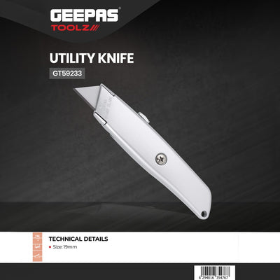 Geepas GT59233 19mm Utility Knife | Heavy-Duty Retractable Cutter with Sharp Snap-Off Blade | Durable Metal Body | Precision Cutting Tool for DIY, Home & Workshop Use