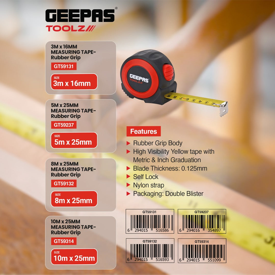 Geepas GT59237 5m x 25mm Measuring Tape | Rubber Grip & Self-Lock |Comfortable Rubber Grip Housing | Self-Locking Mechanism | Dual Measurement Scale | Nylon Wrist Strap