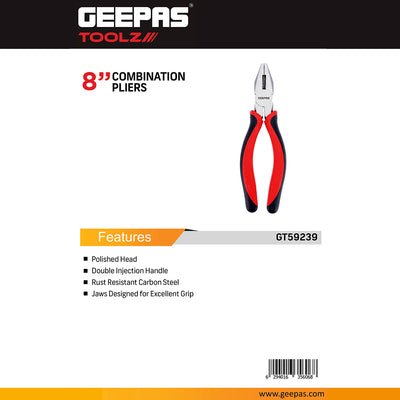 Geepas GT59239 8-Inch Combination Pliers  |  Heavy-Duty Carbon Steel Multi-Purpose Pliers with Polished Head |  Rust-Resistant Finish and Ergonomic Grip Handle
