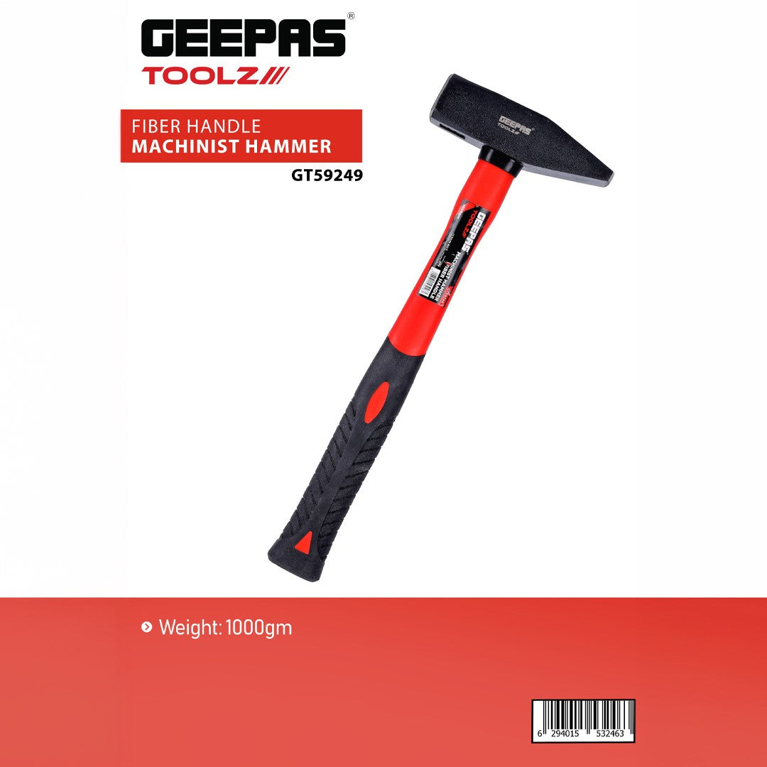 Geepas GT59249 Machinist Hammer 1000g | Fiberglass Handle Steel Hammer with Forged Head | Shock-Absorbing Grip | Heavy-Duty Construction for Workshop & Industrial Use