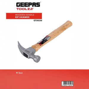 Geepas GT59250 16oz Rip Hammer | Wooden Handle Claw Hammer for Carpentry | Natural wood construction | Precision-machined striking face | Comfortable grip | Durable