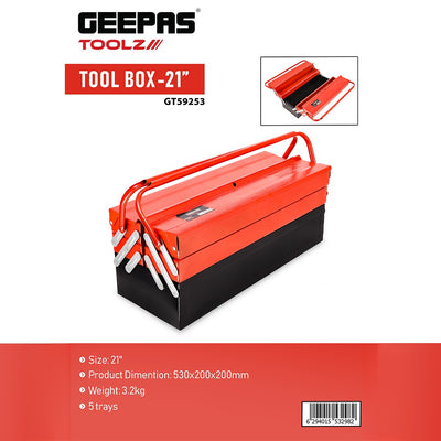 Geepas GT59253 21-Inch Metal Toolbox with 5 Trays | Heavy-Duty Tool Storage Box | 5-Tray Cantilever Design | Heavy-Duty Steel Construction | Smooth Opening Mechanism