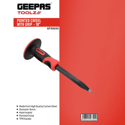 Geepas GT59255 10-Inch Pointed Chisel with Grip |  Heat-Treated Carbon Steel Chisel for Concrete, Brick & Masonry Work with TPR Handle and 16mm Heavy-Duty Shaft