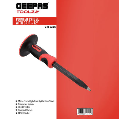 Geepas GT59256 12-Inch Pointed Chisel with Grip | Carbon Steel Chisel | Heat-treated carbon steel | Sharp pointed tip | Ergonomic TPR grip | Integrated hand guard