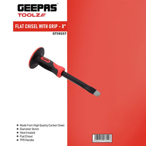 Geepas GT59257 8-Inch Flat Chisel with Grip |Heat-Treated Carbon Steel Chisel |Ergonomic TPR handle |Protective hand guard | Suitable for masonry,concrete, metal & brick