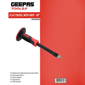Geepas GT59258 10-Inch Flat Chisel with Grip |  Heat-Treated Carbon Steel Chisel for Masonry  | Concrete &  Brick Work with TPR Handle and 16mm Heavy-Duty Shaft
