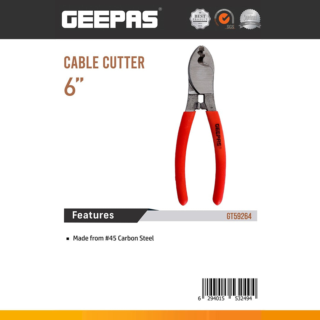 Geepas GT59264 6-Inch Cable Cutter | Carbon Steel Wire & Cable Cutting Tool with Precision Cutting Edges | Durable #45 Steel Construction and Ergonomic Grip Handles