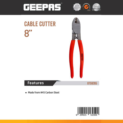Geepas GT59265 8-Inch Cable Cutter | Heavy-Duty #45 Carbon Steel Wire Cutter | Sharp cutting edges | Ergonomic handles | Heavy-duty construction | Reduces cutting effort