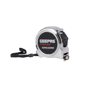 Geepas Measuring Tape- GT59315| 10 M X 25 MM, High Impact Chrome Body and Super Magnetic Hook| Double Sided High Visibility, With Metric and Inch Gradation|  Silver