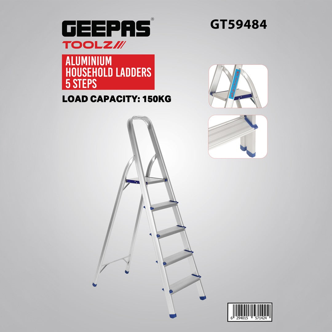 Geepas Toolz GT59484 Aluminium Household 5 Steps Ladder  | Heavy-Duty Folding Home Step Ladder | Anti-Slip Steps | Stable Frame and 150kg Load Capacity | Lightweight