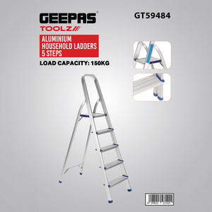 Geepas Toolz GT59484 Aluminium Household 5 Steps Ladder  | Heavy-Duty Folding Home Step Ladder | Anti-Slip Steps | Stable Frame and 150kg Load Capacity | Lightweight