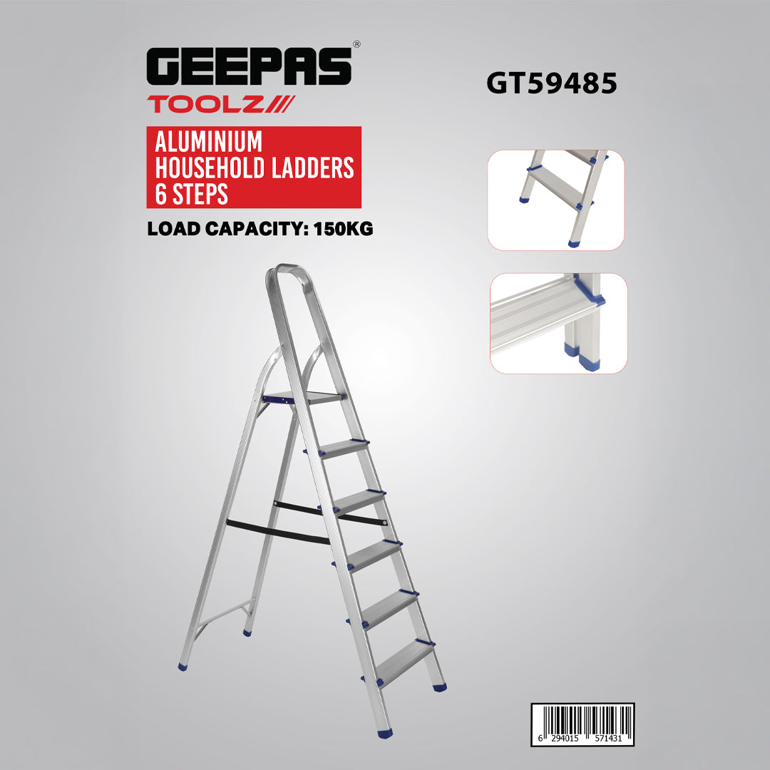 Geepas Toolz GT59485 Aluminium Household 6 Steps Ladder  | Heavy-Duty Folding Home Step Ladder with Wide Anti-Slip Steps | Stable Frame and 150kg Load Capacity