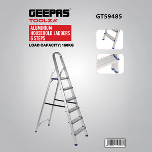 Geepas Toolz GT59485 Aluminium Household 6 Steps Ladder  | Heavy-Duty Folding Home Step Ladder with Wide Anti-Slip Steps | Stable Frame and 150kg Load Capacity