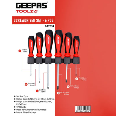 Geepas GT7631 6-Piece Screwdriver Set | Chrome Vanadium Steel Drivers | Precision tips Precision tips | Ergonomic TPR handles | Organized holder | Corrosion-resistant