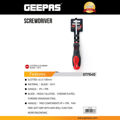 Geepas GT7640 Slotted Screwdriver 6.5x100mm | CR-V Steel Blade | Anti-slip grip design | Anti-roll function |PAH-free handle  | Ergonomic PP + TPR soft-grip handle