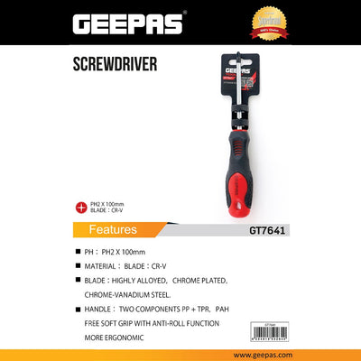 Geepas Toolz GT7641 Phillips Screwdriver PH2 x 100mm | Chrome Vanadium Steel Blade with Soft Grip Handle | Ergonomic PP + TPR soft grip handle | Anti-roll handle design