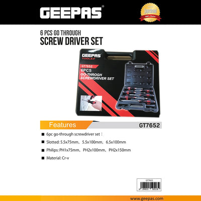 Geepas GT7652 6-Piece Go-Through Screwdriver Set | CR-V Steel Slotted & Phillips Screwdrivers | Heavy-duty Chrome Vanadium  | Hardened blades | Ergonomic handles