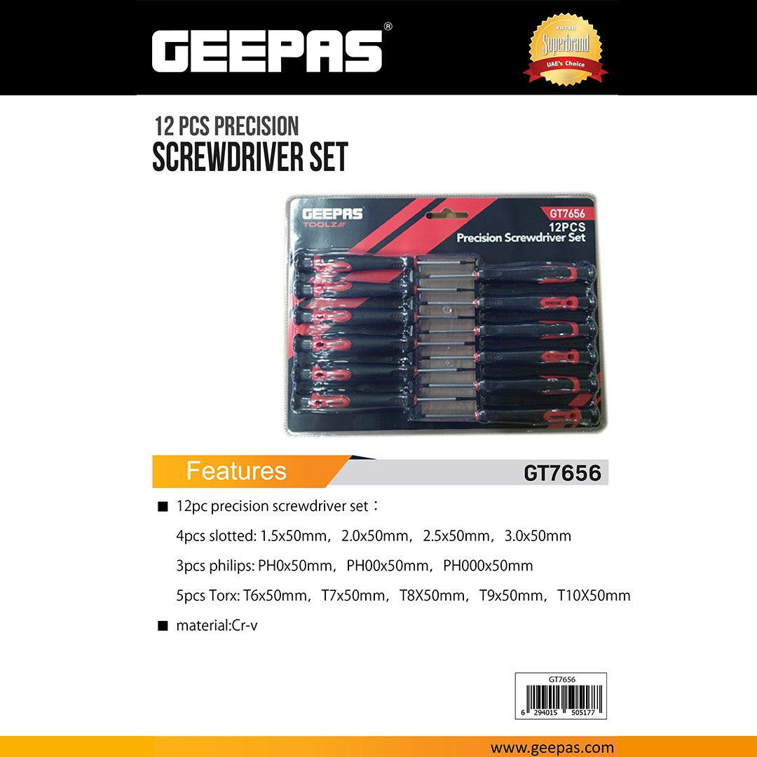 Geepas GT7656 12 PCS Precision Screwdriver Set | Slotted, Phillips & Torx Screwdrivers | Ergonomic Handles | Accurate Screw Engagement  | Versatile Size Selection