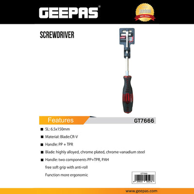 Geepas GT7666 Slotted Screwdriver 6.5 x 150mm CR-V Steel Blade | Ergonomic Soft Grip Handle | Premium chrome vanadium |Ergonomic PP + TPR soft grip handle | Durable