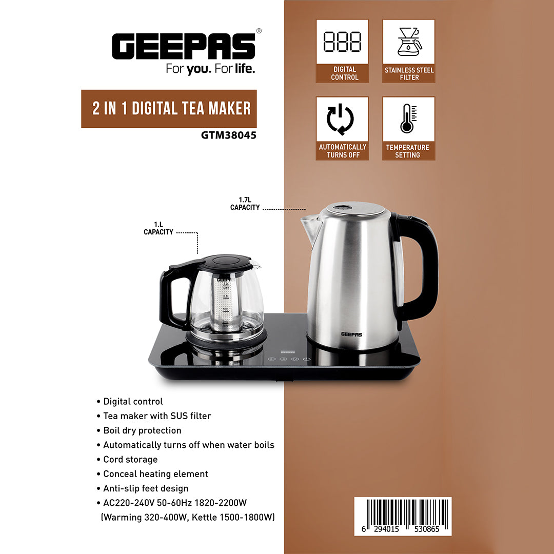 Geepas 2 In 1 Digital Tea Maker - Stainless Steel Filter | Temperature Adjusting, Boil-Dry Protection | 400W & 1800W | 2 Years Warranty